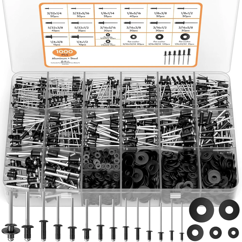 

1000pcs Blind Riveting Screw Open Type Blind Rivets Combination Kit 304 Stainless Steel Aluminum Rivets with Black Washers