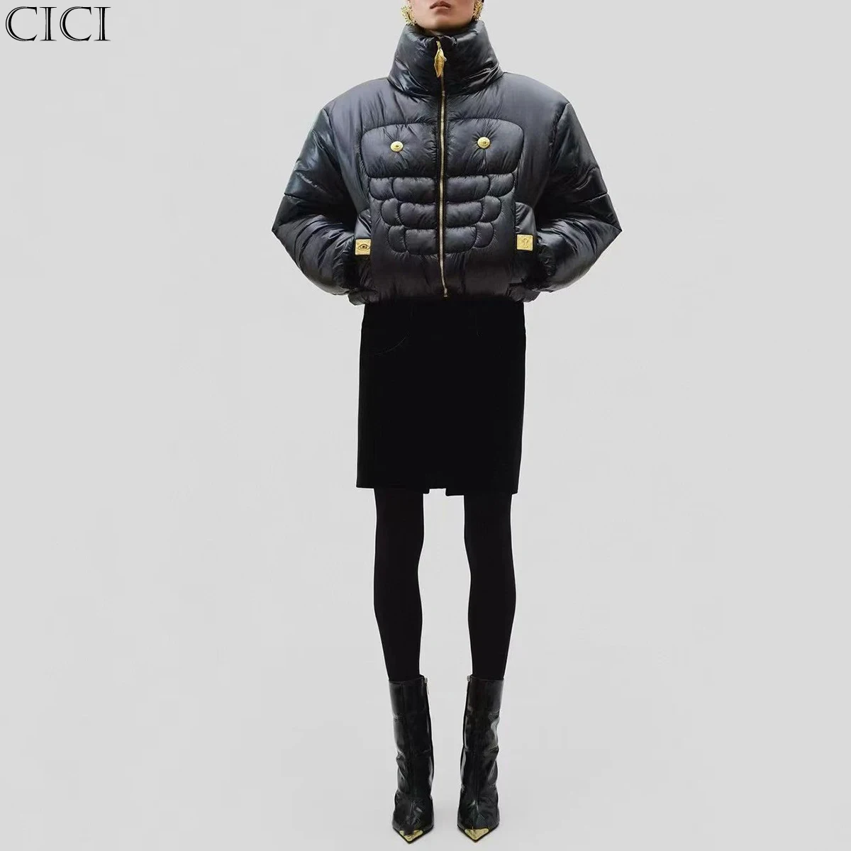 CiCi التخسيس تقسم الترتر سترات الموضة للنساء عالية الرقبة طويلة الأكمام سترة قصيرة غير رسمية الملابس النسائية الجديدة #1