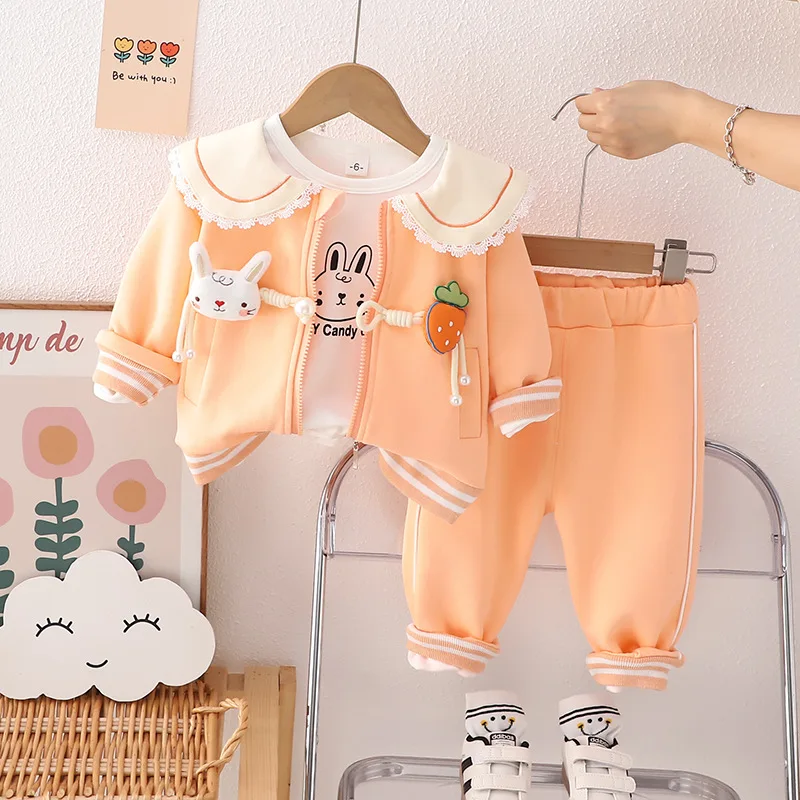 Girls foreign style spring and autumn set baby fashionable leisure loose radish tray buckle zipper three-piece set 2023 new