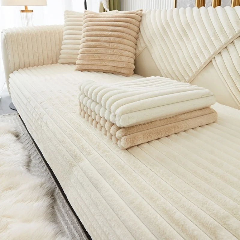 Verdickter Plüschstreifen-Imitat-Kaninchenfell-rutschfester Sofabezug, für Winter, Wohnzimmer, Couch, Sitzdekoration, Schonbezug, Sofa-Handtuch – Detail 4