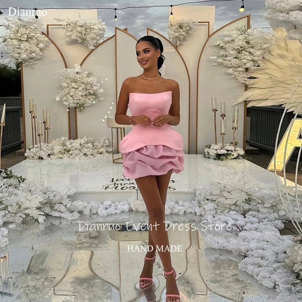 

Dianruo Mini Ruffled Hem Prom Dresses Pink Sleeveless Party Gowns Strapless Fluffy Vestidos De Boda Para Fiestas Customized