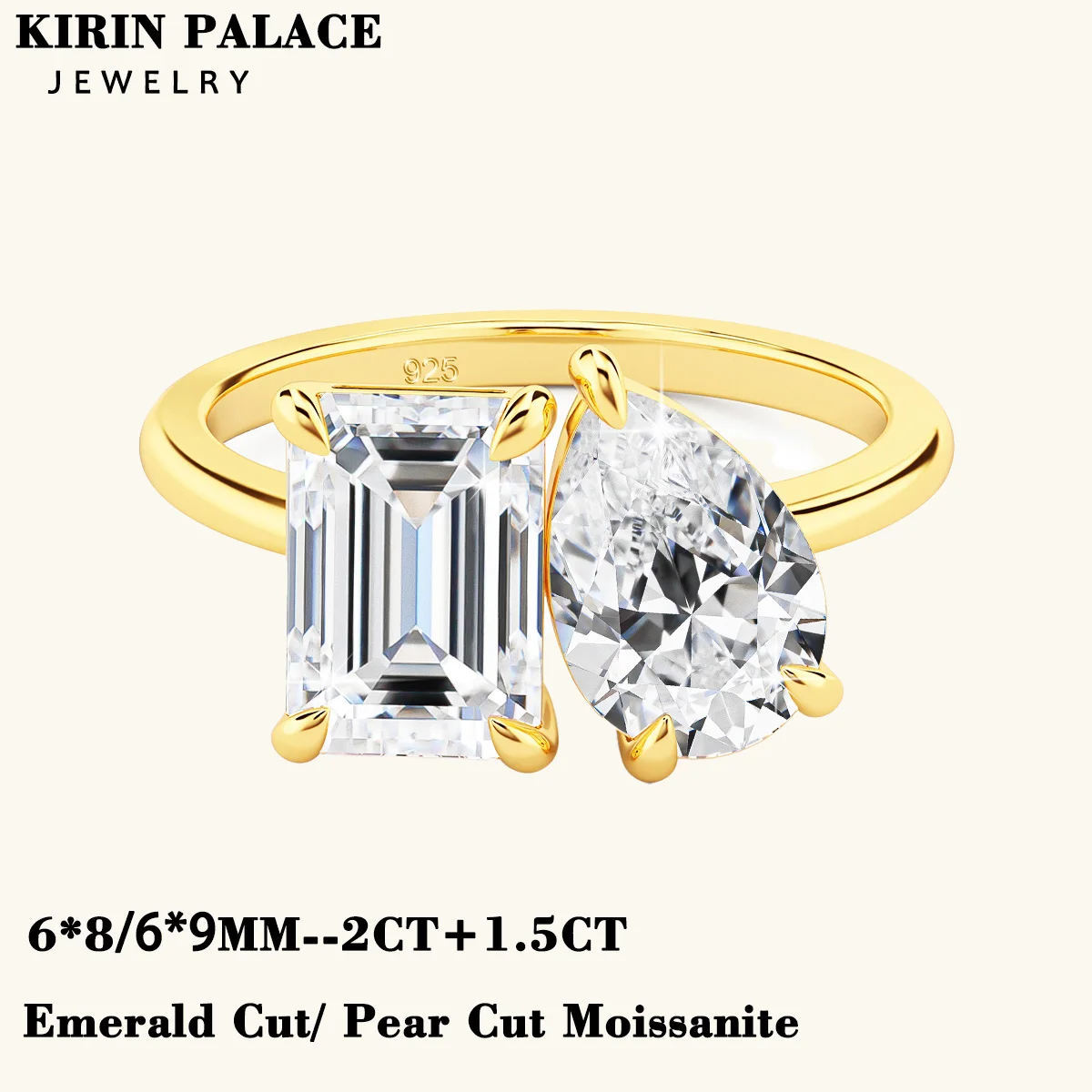 

Kirin Palace Moissanite Wedding Rings Double Diamonds Pear Emerald Cut 3.5ct Woman 925 Silver Fine Jewelry Premium Gifts