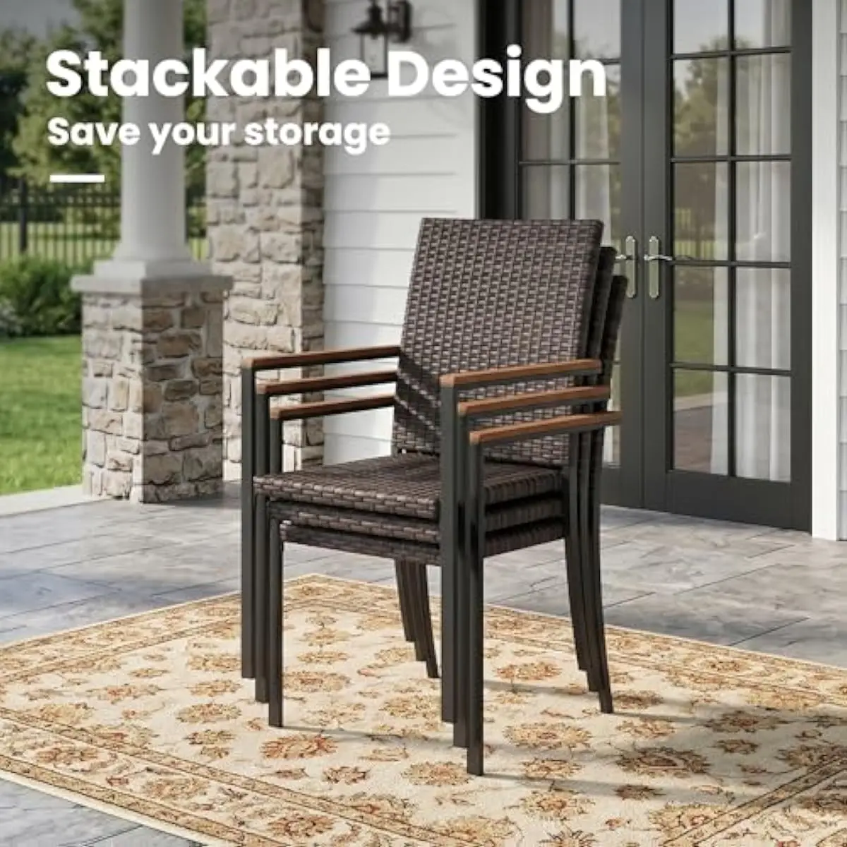 Modern 6-Piece Outdoor Dining Ensemble Featuring UV-Resistant PE Wicker Chairs with Stackable Design and Powder-Coated Metal Tab