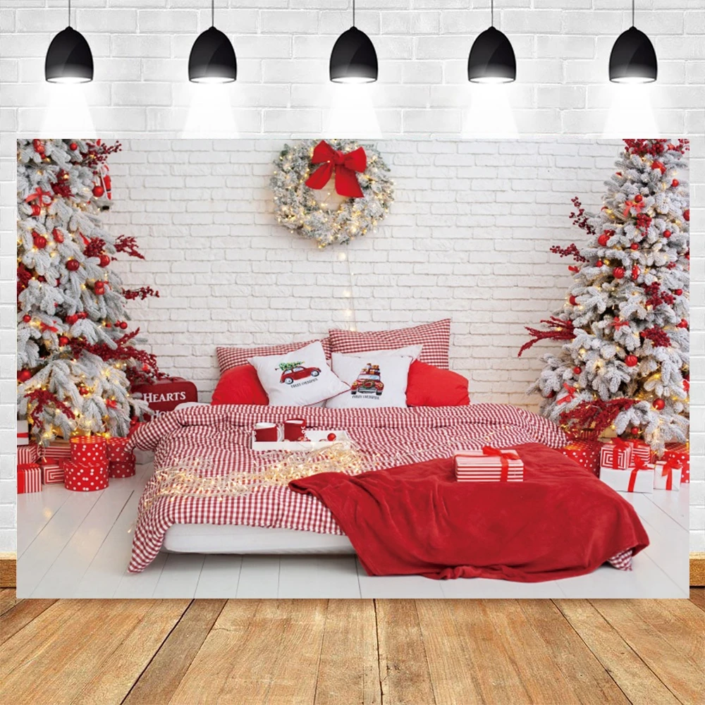 

Christmas Backdrop for Photography Bed White Wall Wreath Xmas Tree Background Family Bedroom Portrait Decor Photocall Photo Prop