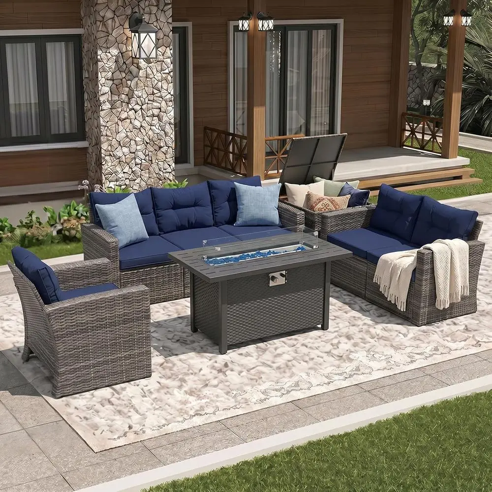 

8 Pieces Outdoor Patio urniture Set with 45” ire Pit Table, Rattan Patio Contion Sets with 50000 Gas ire Pit, Sectional Soa Set