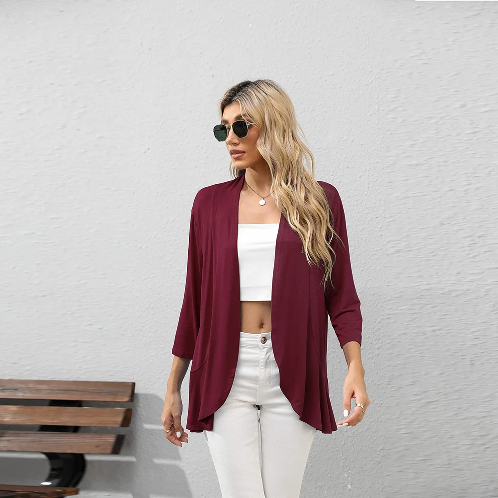 Women Fashion Cardigan Spring Solid Color Cardigan Top Open Stitch Solid Female Autumn