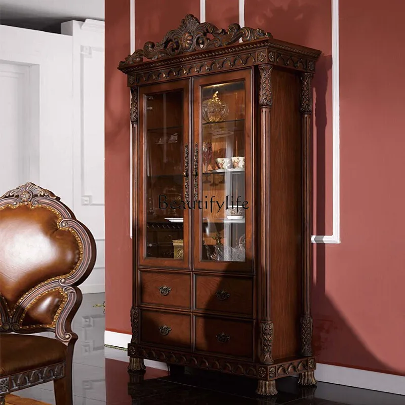 American rural solid wood wine cabinet two doors European retro display living room side cabinet