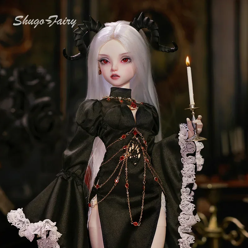 1/4 Bjd Doll Bubo Barly Fantasy Dark Red Eyes Goat Witch Magic Black Robe Lace Vanguard Halter Fishbone Chain Girl Doll Toy Gift