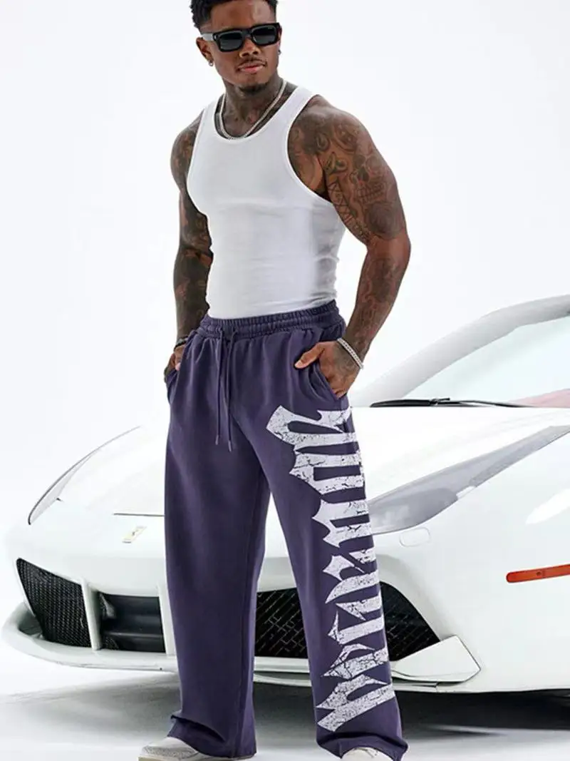 

2025 New American Sports Pants Fitness Gym Muscle Running Training Pants Cotton Printed Wide Leg Pants