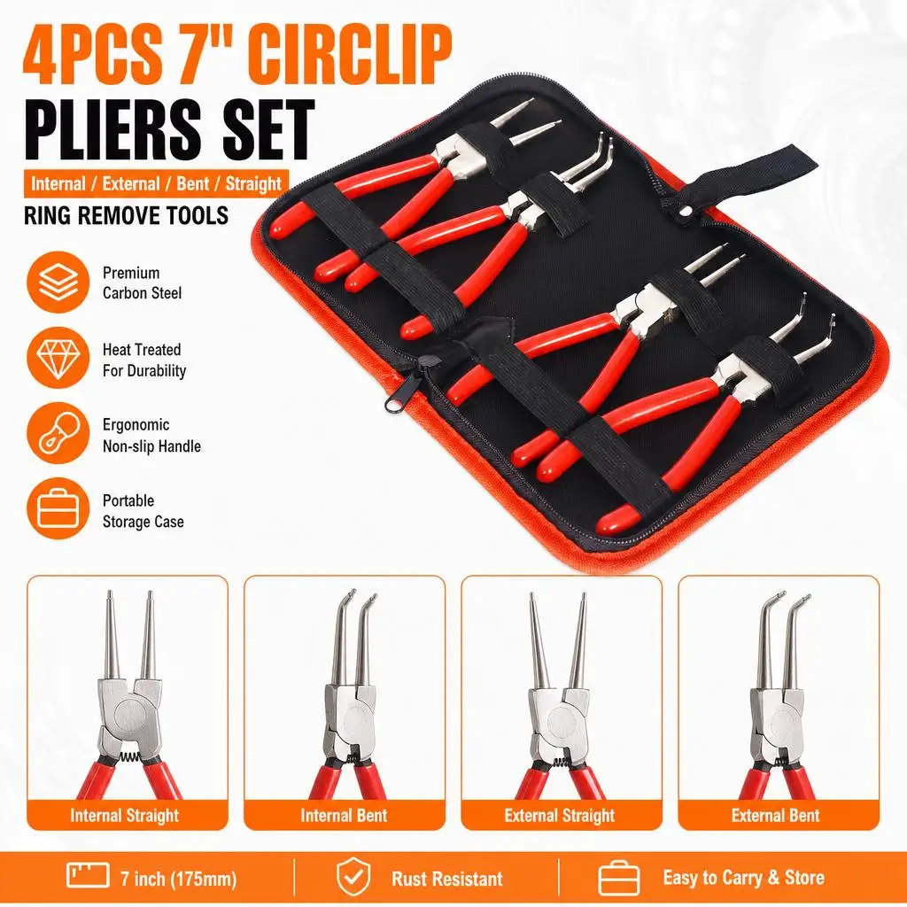 Kit de 4 pinces à circlips de 7 pouces, intérieures et extérieures, courbées et droites, pour la pose et le retrait de joints toriques