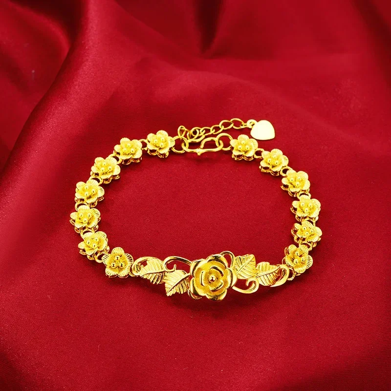 

999 Real Gold Store Women's Wedding Bridal Sand Gold Rose Flower Bracelet Flower Strings Buds Hand Jewelry Wedding Accessor