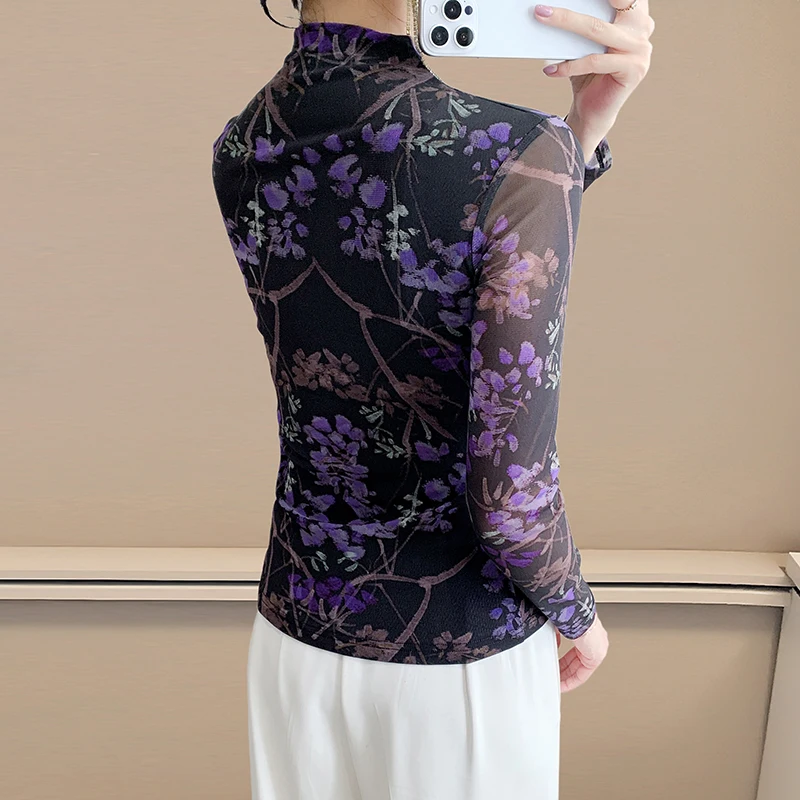 2025 New Women's Semi-Turtleneck Mesh Base Layer Shirt. Chic Long Sleeve T-Shirt for Fall, Fashionable Blouse for Layering