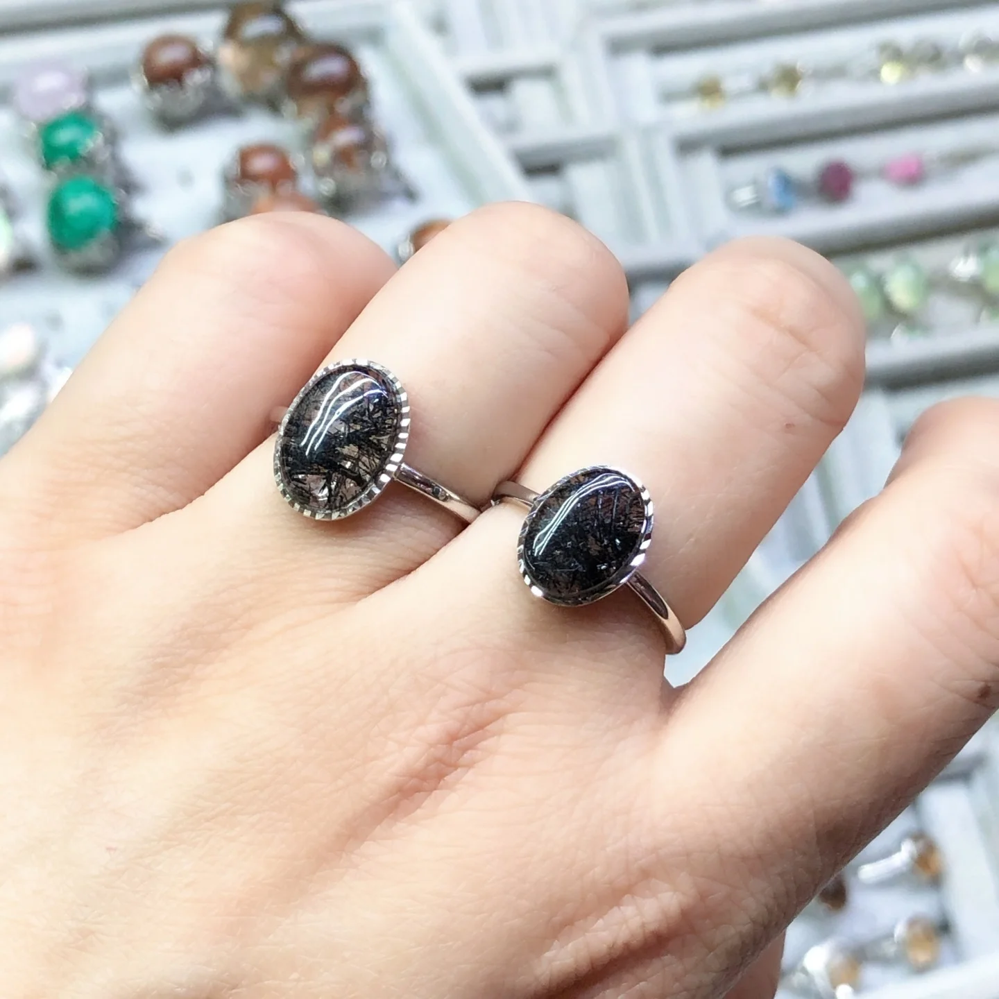 1 Pc Fengbaowu Natural Stone Black Rutilated Quartz Ring Oval Cabochon 925 Sterling Silver Jewelry Gift For Women