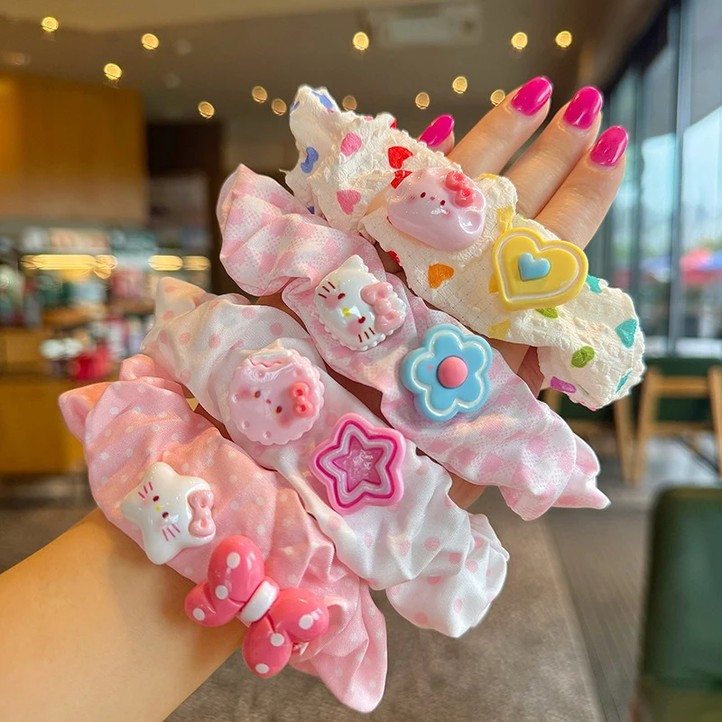 Cute Hello Kitty Hair Scrunchie Cartoon Pink Hair Rope Hair Ring For Girls Sweet Headband Headwear Hair Accessories