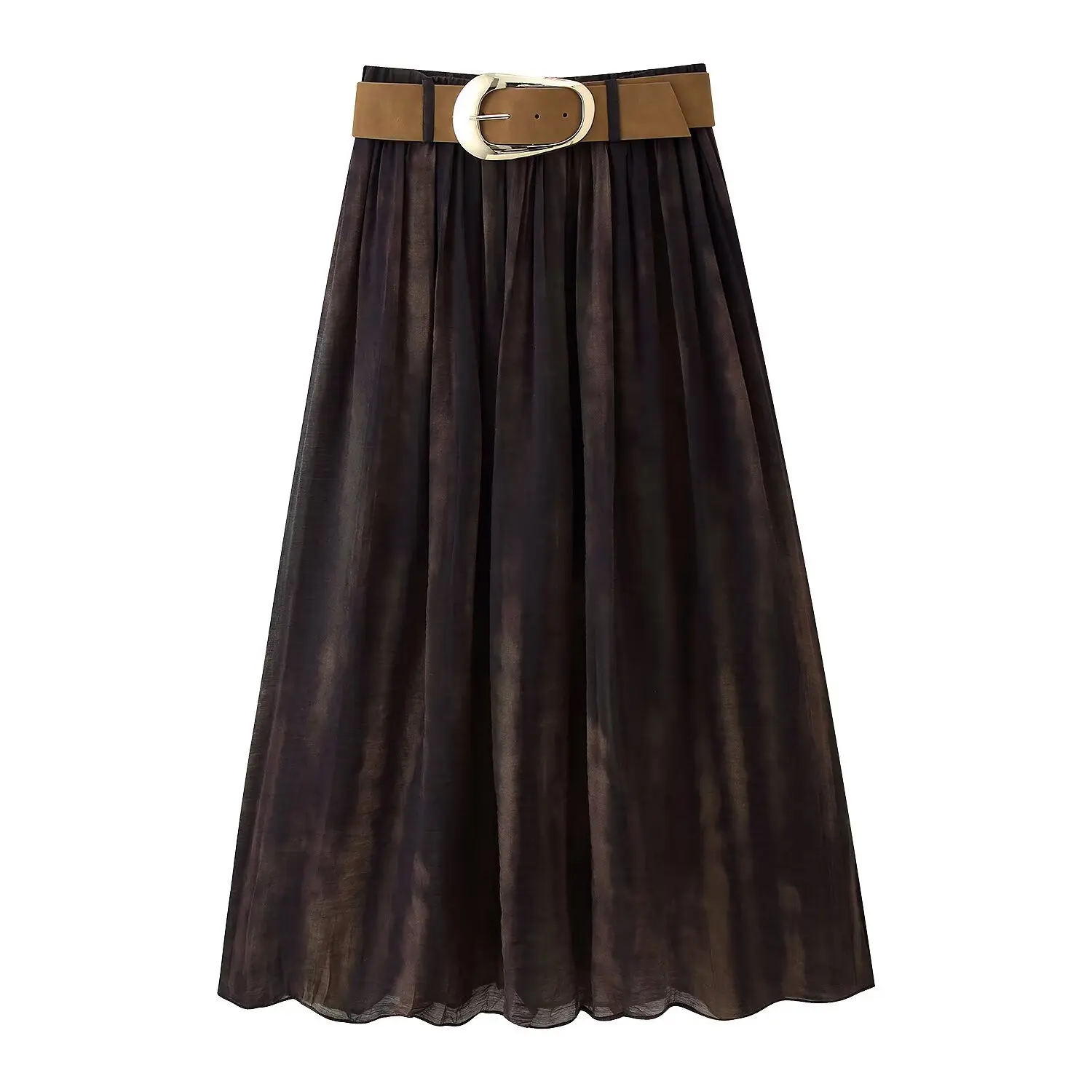 

2025 New European and American Style Women's Assembled Belt Suede Effect Pleated Midi Skirt High Waist Skirt