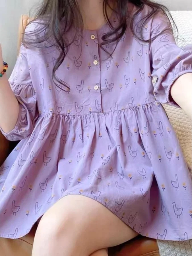 Csa fena roxa doce de manga curta, verão, nova, plus size, para barriga ande, emaecedora, estilo boneca, soltinha,...