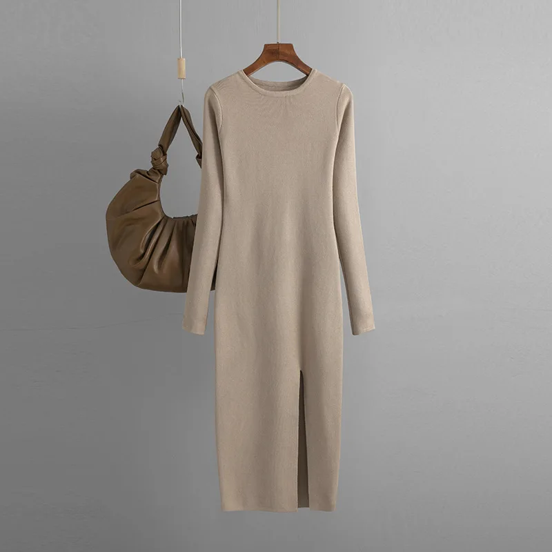 New Winter Split Elegant Dress Autumn Slim Fit Knitted Dresses for Women  Bottom Out Wear Long Sleeve Tight Hip Sweater Dress