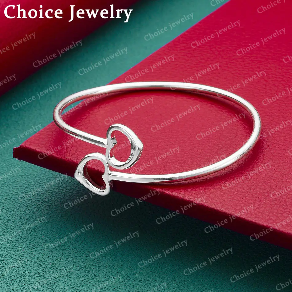 

925 Sterling Silver Heart Bangle Open Bracelet Women's Fashion Jewelry Classic Simple Anniversary Valentine's Day Gift