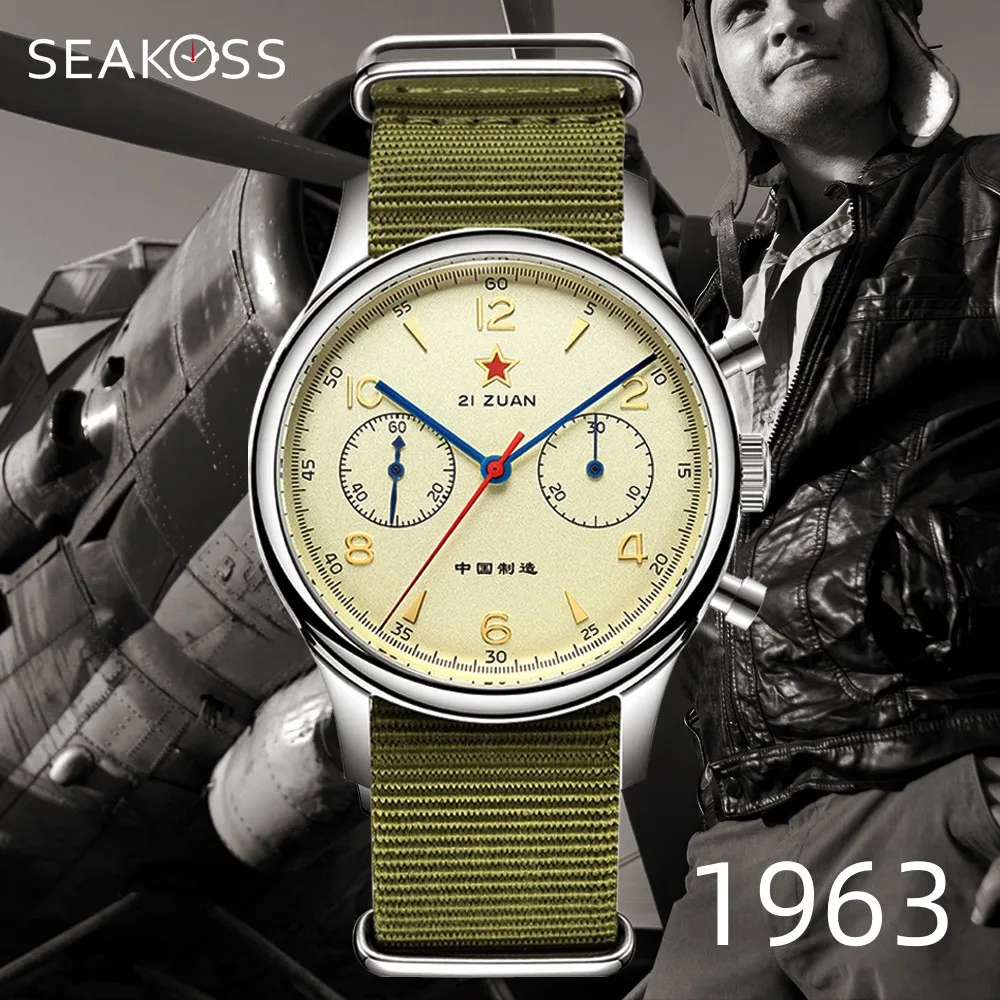 Seakoss Men 1963 Chronograph 38mm 40mm Acrylic Sapphire Glass Luminous Seagull ST1901 Movement Pilot Aviation Mechanical Watches