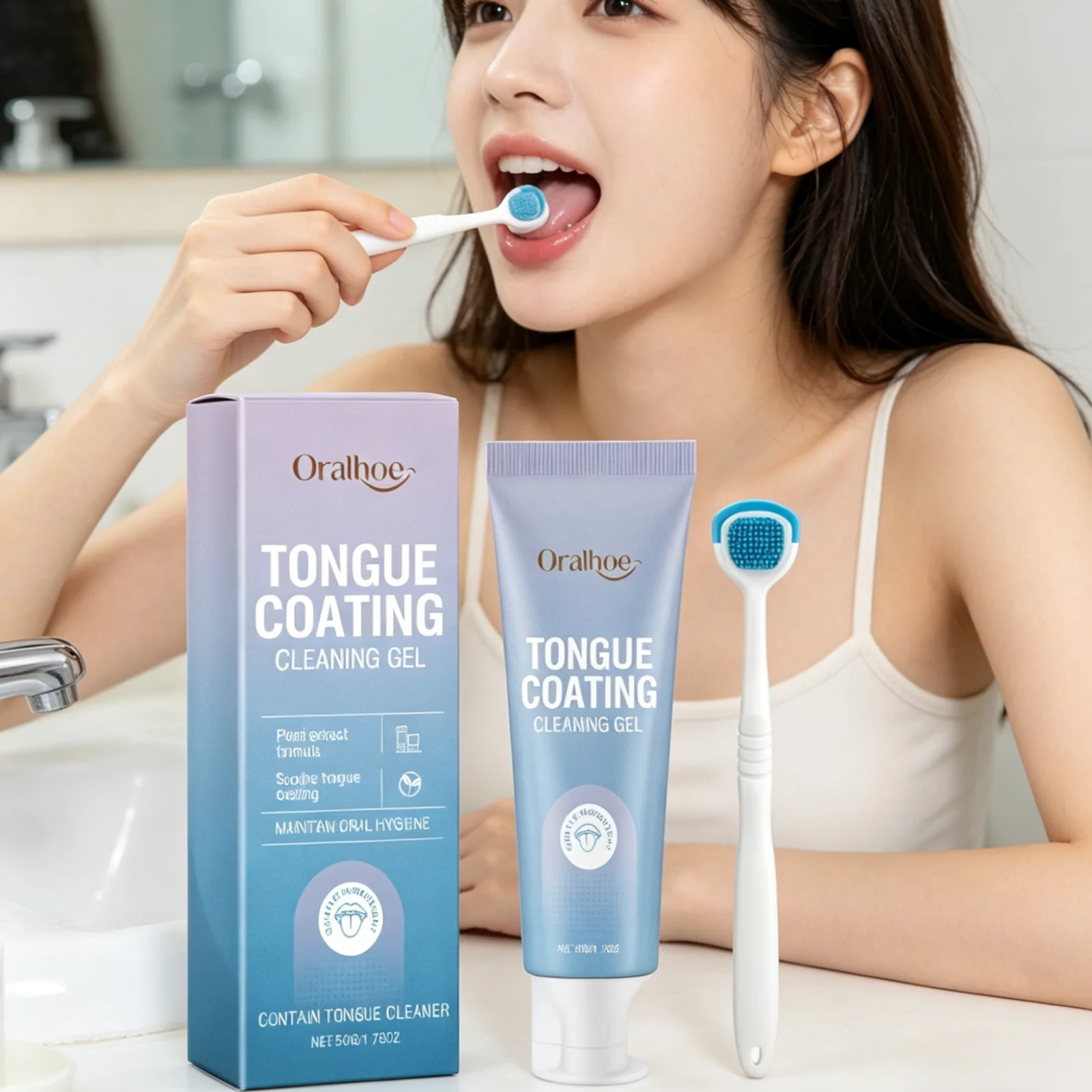 Oralhoe Tongue Coating Cleaning Gel Fresh Breath Maintain Oral Health Gentle Formula Care Tongue Cleaning Kit with Toothbrush