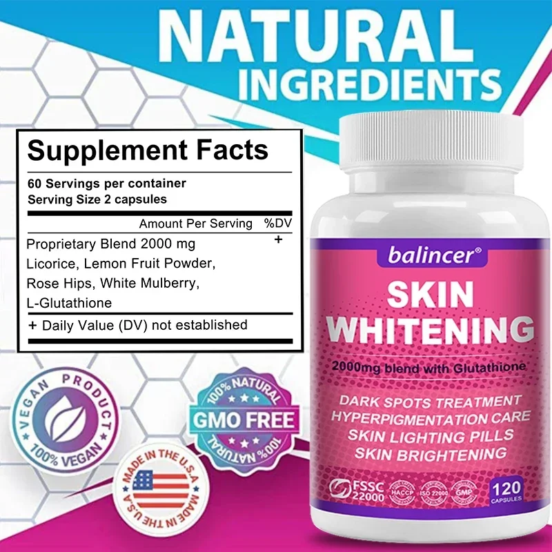 Skin Whitening Supplement - 2000 Mg Glutathione Blend Facial Care Capsules - Antioxidants for Brightening, Dark Spots and Skin