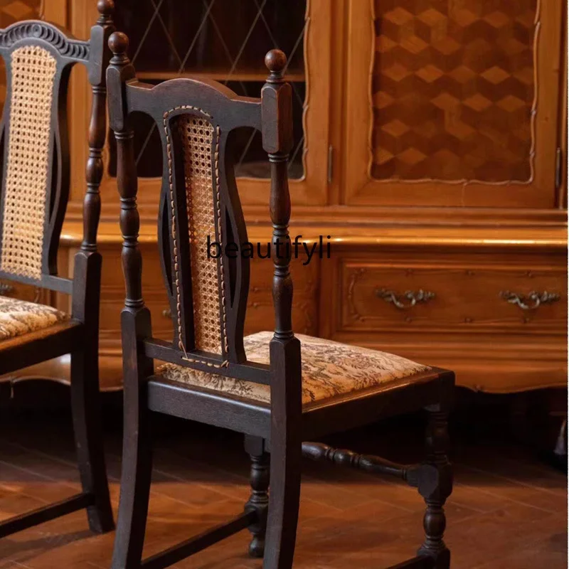 

A139 Medieval style solid wood dining chair American hand-carved fabric office dressing leisure chair