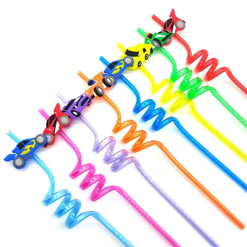 8pcs 26cm Racing Kids Party Themed Straws Reusable Car Plastic Helical Drinking Straw for Boy Racing Car Birthday Party Decor