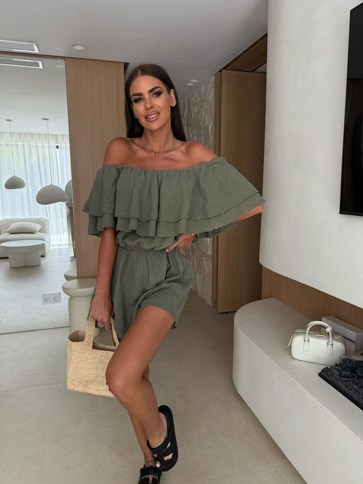 Women Off Shoulder Ruffled Layered Romper Textured Fabric Elastic Waist Short Sleeve Casual Summer Jumpsuit for Beach Vacation a view 5