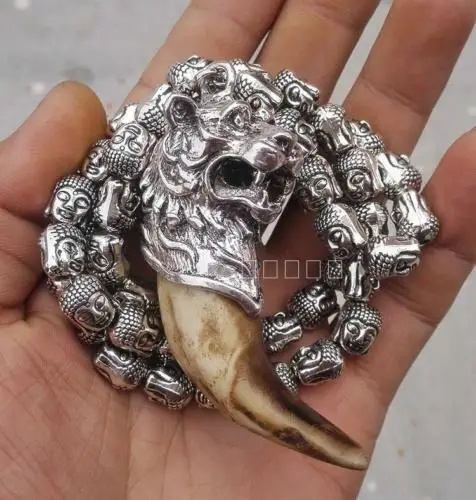 Tibetan Silver Tiger Amulet Pendant Necklace with Wild Teeth Buddha Head Beads Unisex Spiritual Jewelry