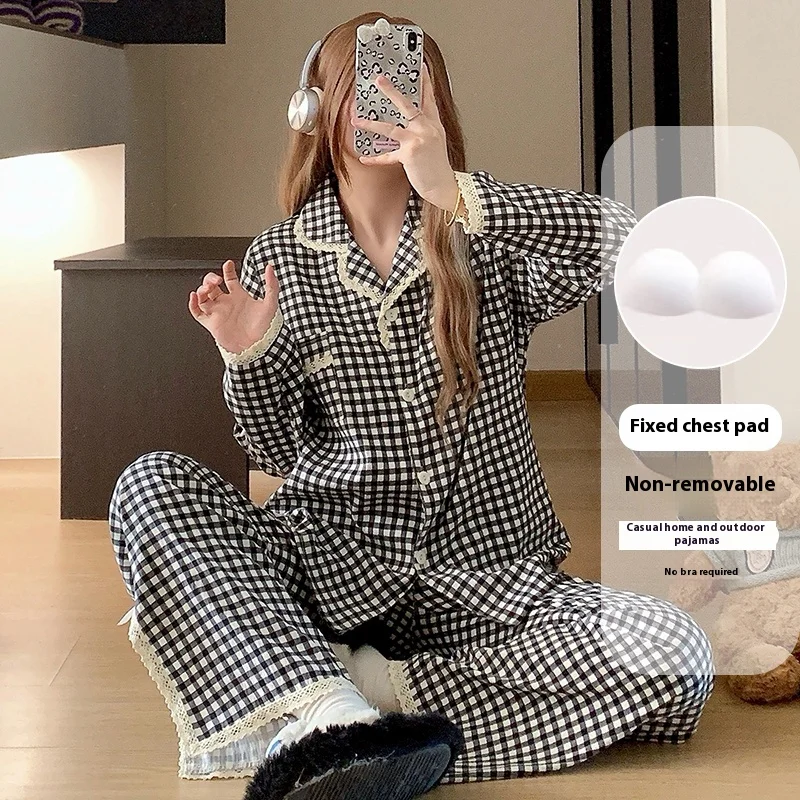 Spring autumn plaid Pajamas Set with Chest Pad for Women Long Sleeve Tops and Pants lace cardigan Sleepwear Female thin pyjamas