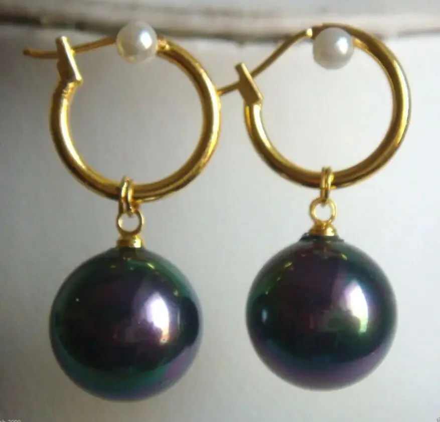 

14mm Tahitian Rainbow Black South Sea Shell Pearl 14 GP Dangle Earrings AAA+