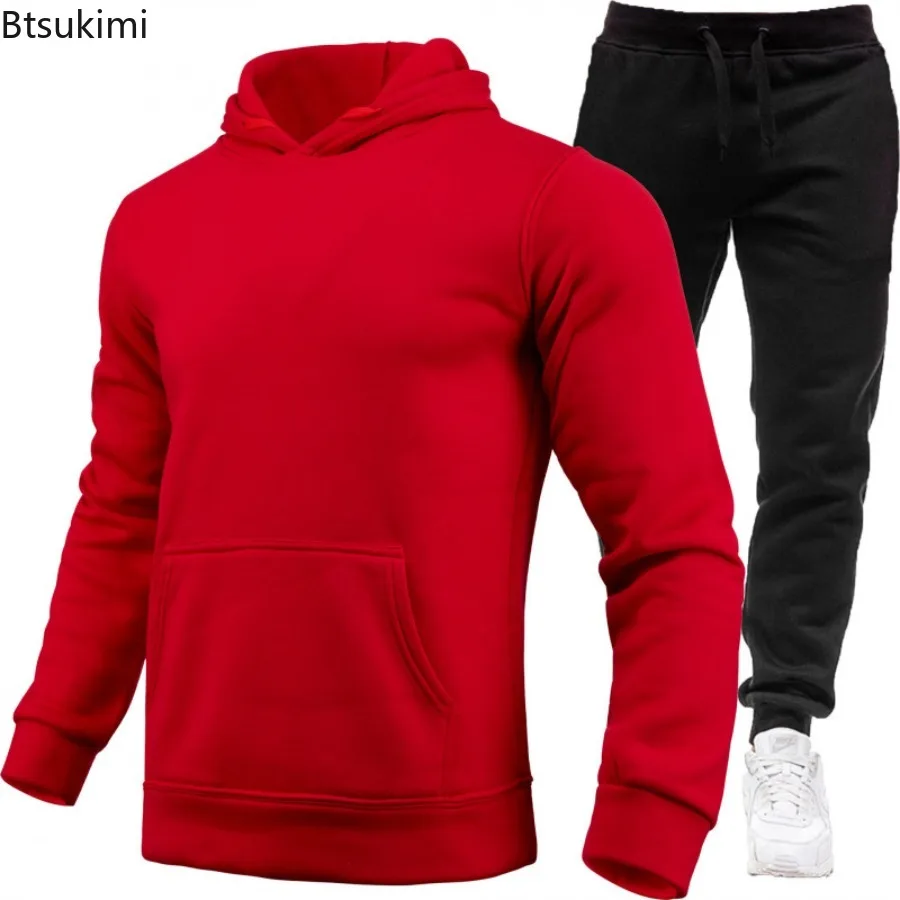 Men's Sports Suit Solid Color Casual Pullover Sweatshirt Long Pants Two-piece Set Spring Autumn Fleece Male Hooded Sweatshirt