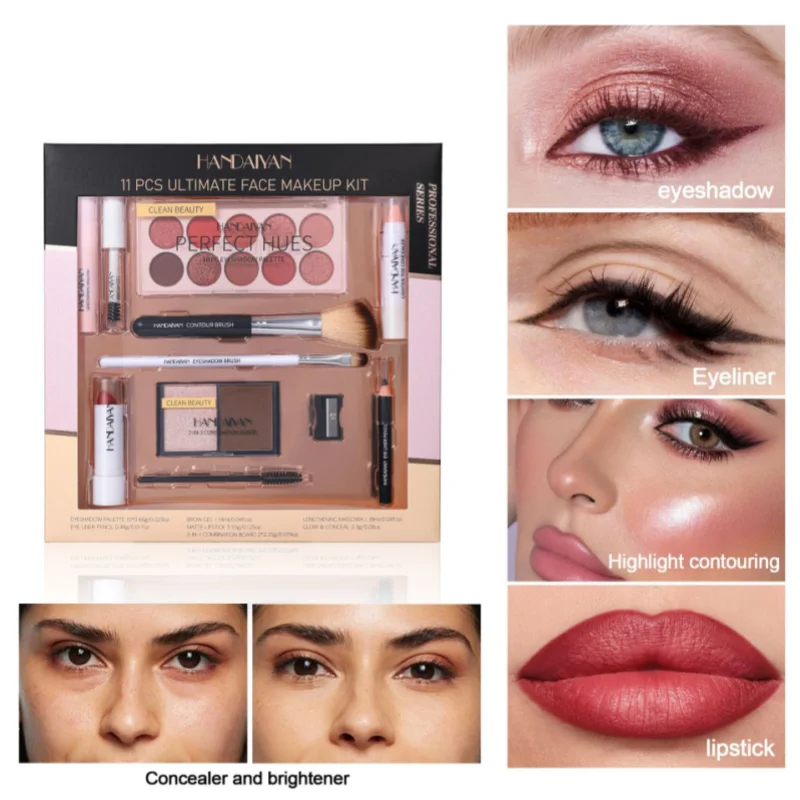 11 Pieces Professional Makeup Kit Shadow Contour Blusher Set Waterproof Highly Pigmented Smudge Proof Face Cosmetics