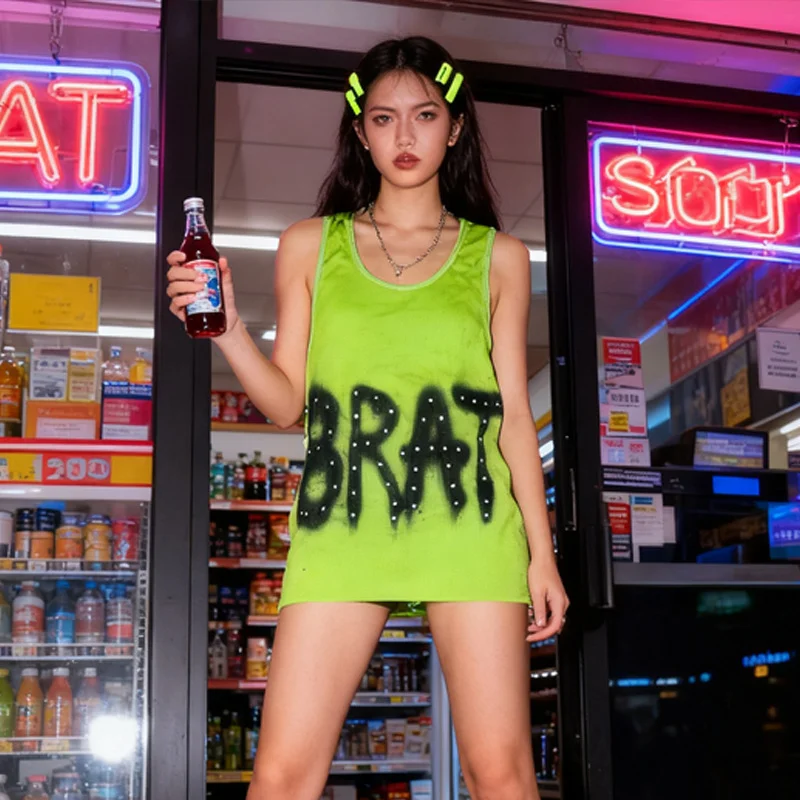 Women's Y2K Brat Letter Rhinestone Tank Top Lime Green Ribbed Sleeveless Vintage Spray Paint Print Streetwear Slim Crop Vest