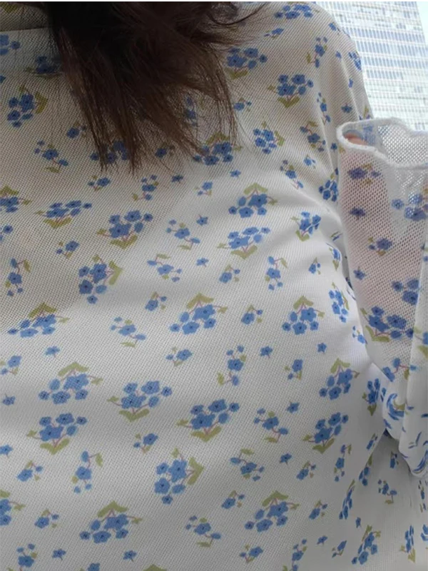 블루 플로럴 프린트 베이스 레이어 irt 여성용 슬림핏 롱 Sve f 하이 칼라 티셔츠 봄 시즌 패셔너블 이너웨어...