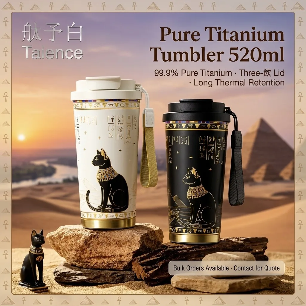 Taience Ancient Egypt Titanium Coffee Cup 520ml Insulated Thermos with 3 in 1 Lid Antibacterial Leak Proof Gift Box