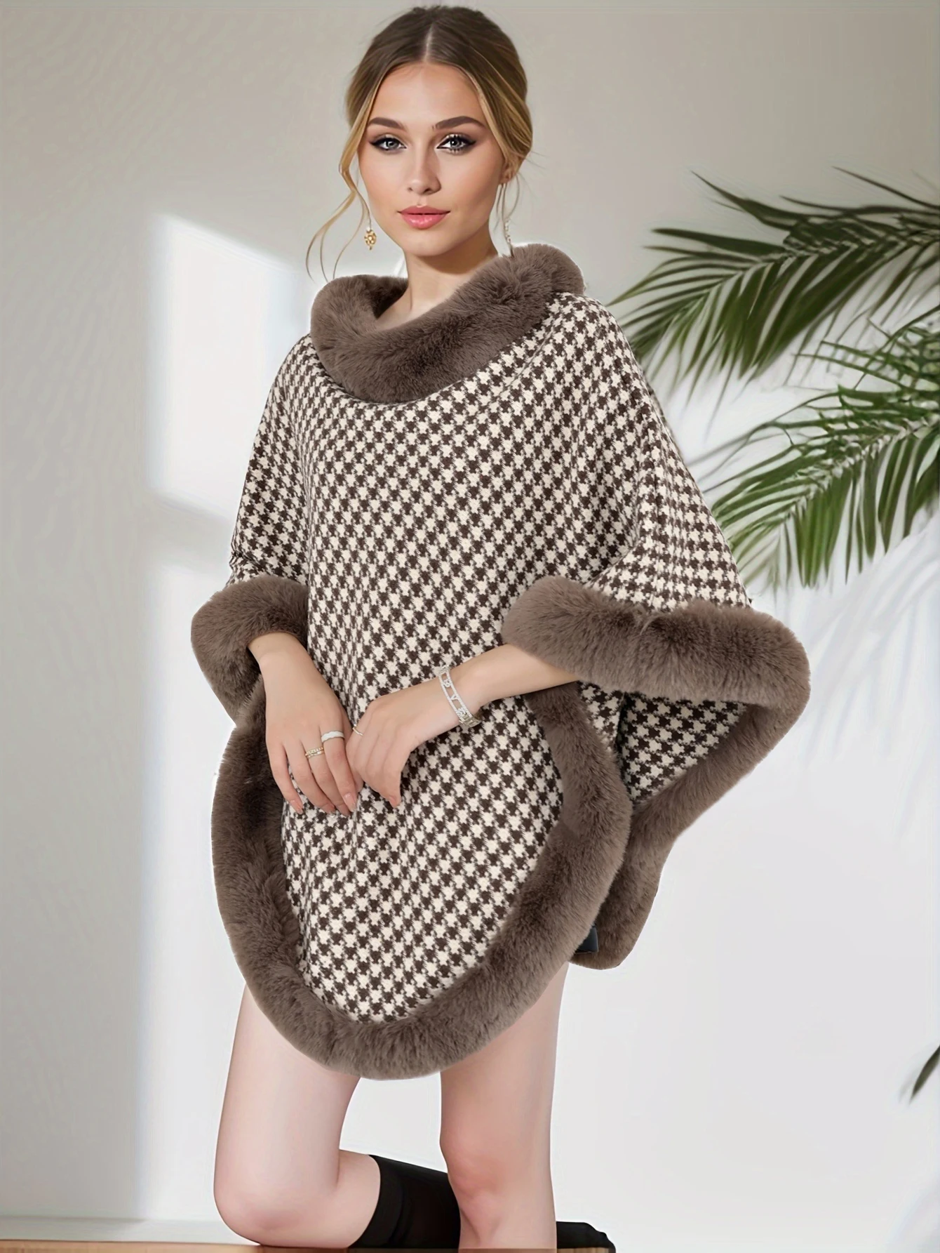 المرأة تقليد الفراء جولة الرقبة سميكة منقوشة المشارب عارضة نمط الخريف والشتاء المرأة السترة الرأس