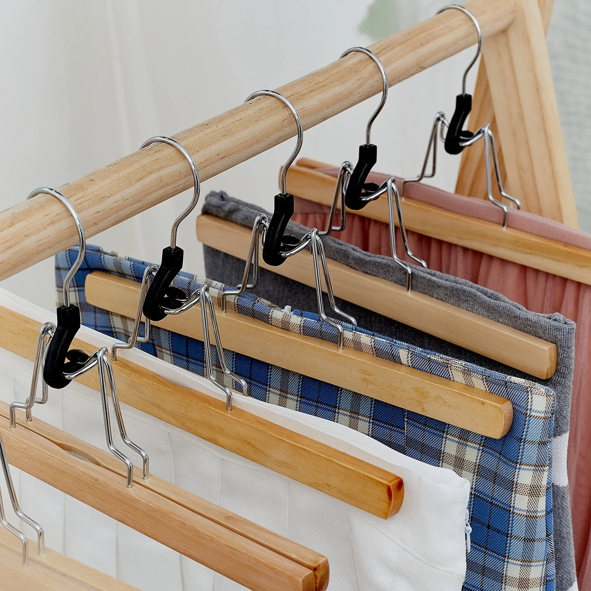 5/10Pack Wooden Pants Hanger,Premium Solid Wood with Non-Slip Sponge,Multifunctional Rack for Jeans Skirts Slacks,Clamp Hangers