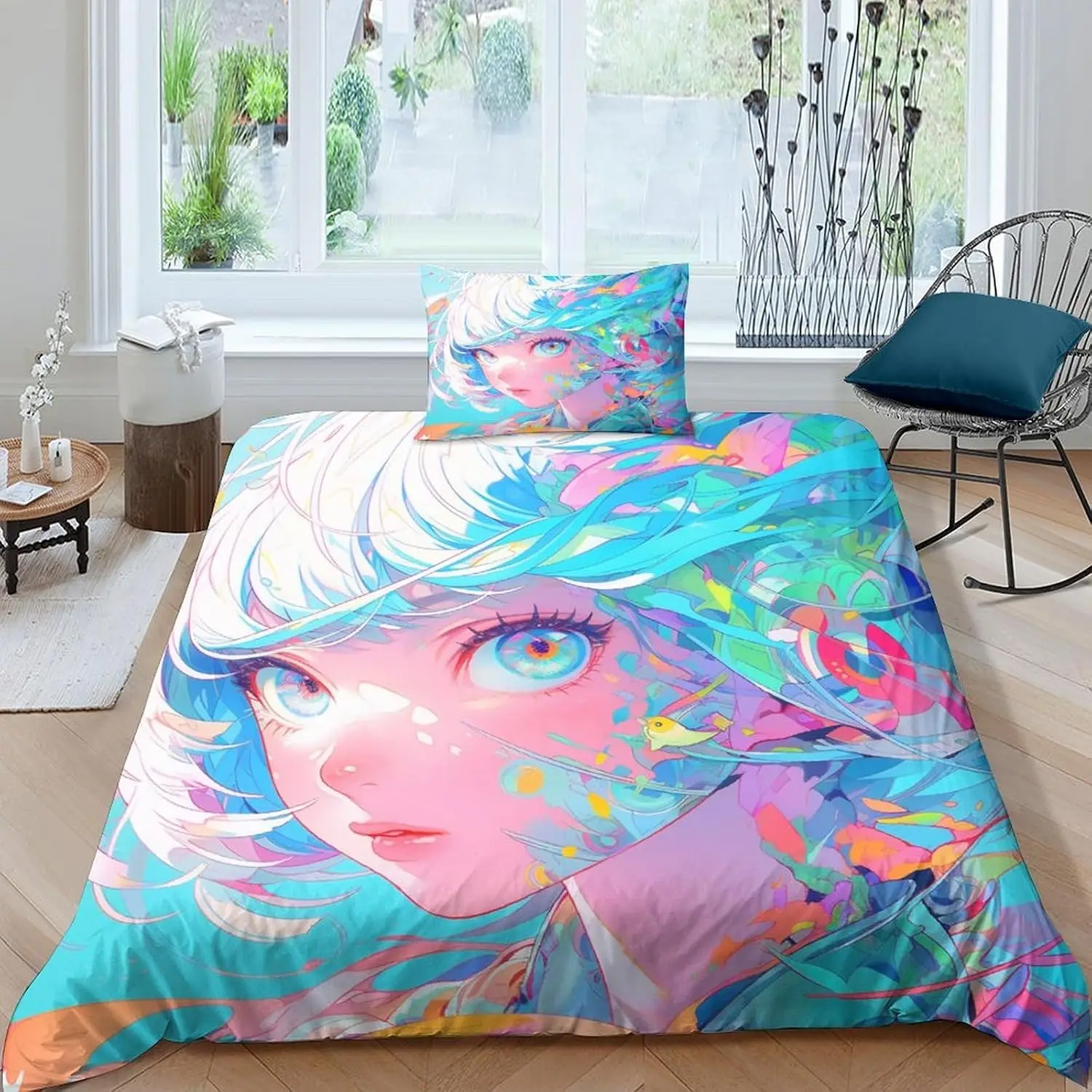 Anime Girl Duvet Cover Set Blue Hair Pink Eyes Bedding Set 3D Printed Quilt Cover 3-Piece Zipper Aesthetic Room Decor King