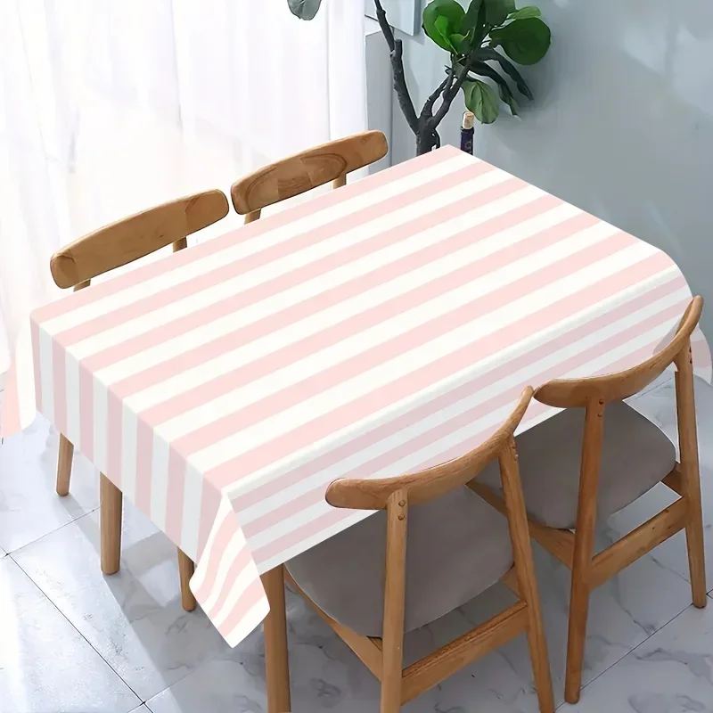 [JIT] 1pc + Polyester Tablecloth, Modern and Simple Tablecloth, Pink and White Striped Pattern Tableclothxzj