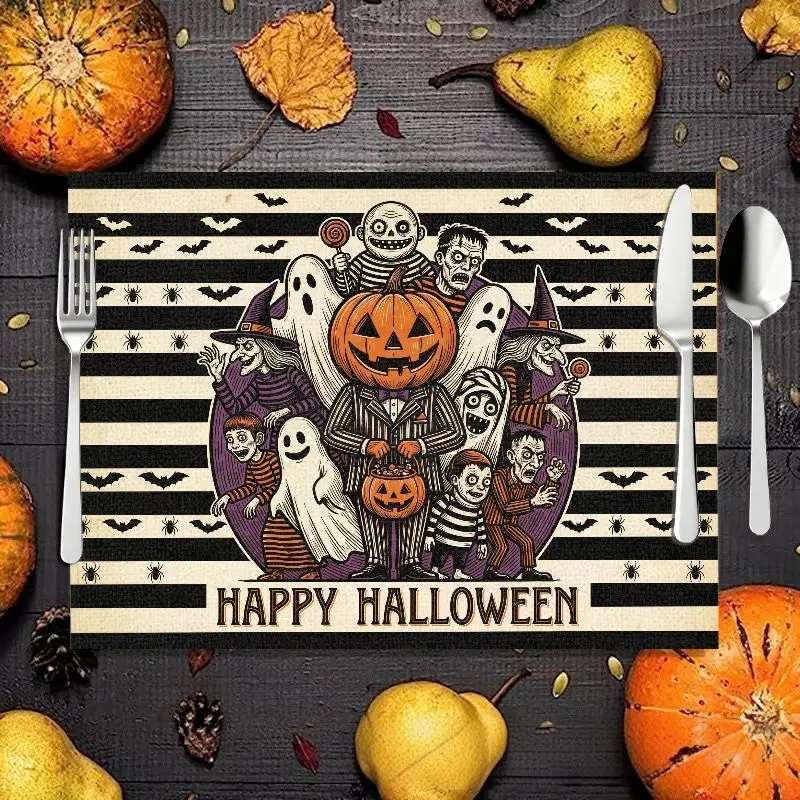2/4/6pcs Halloween Meal Mat, Pumpkin Ghost Witch Bat Skull Castle Black Cat Skull Spider Web Linen Table Mat, Desktop Decor