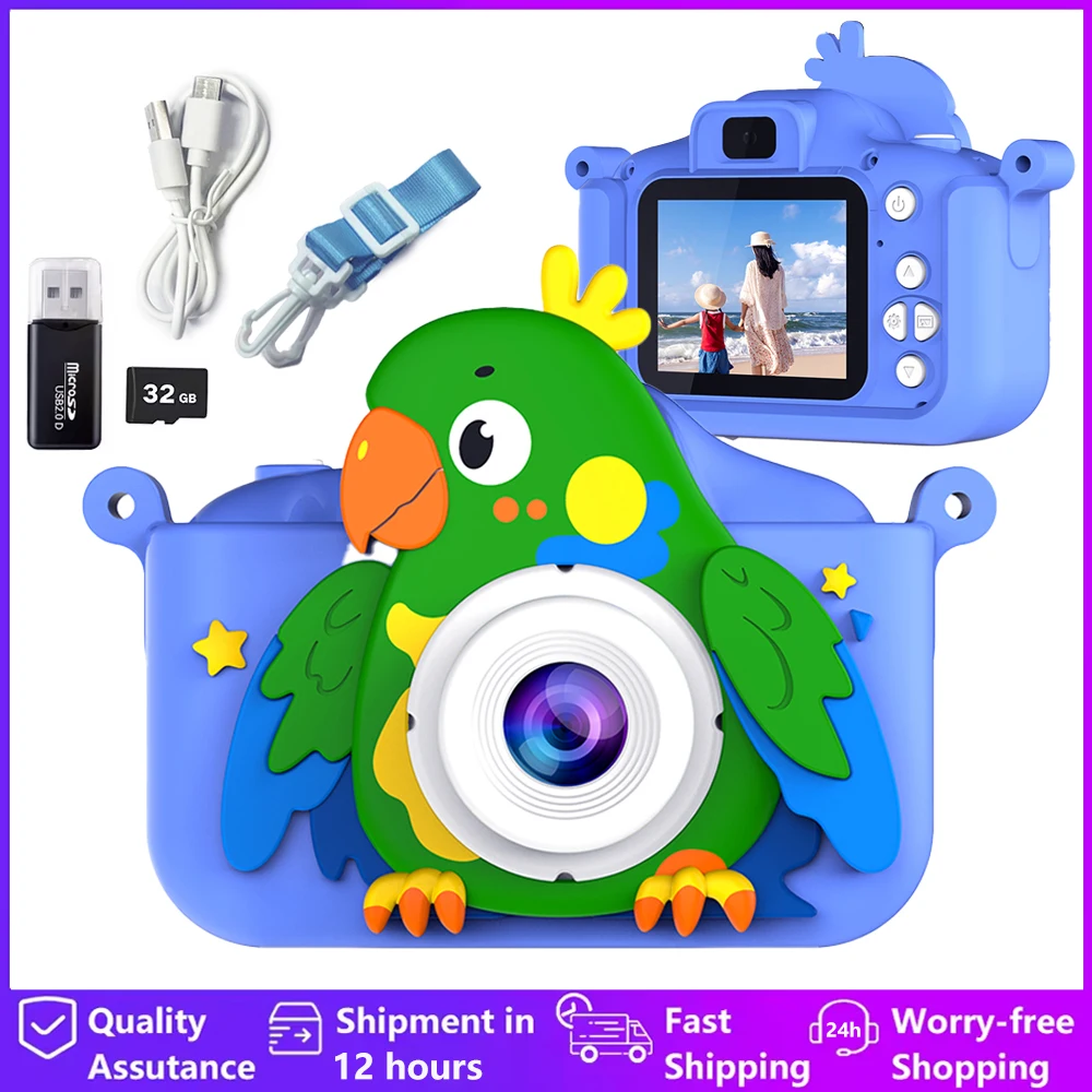 Children's Digital Camera 2 Inch 1080P HD Screen Camera Video Toy Kids Cartoon Parrot 32GB Camera Gift Girls Boy Photography Toy