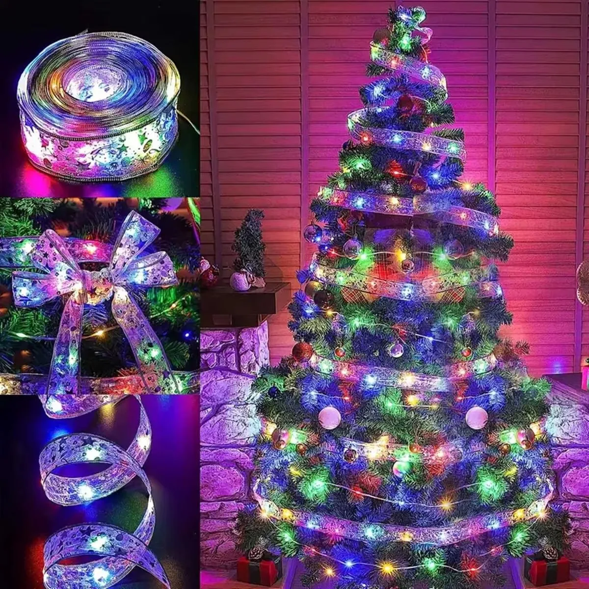 LED Ribbon Lights Christmas Decoration Christmas Tree Ornaments DIY Lace Bows String Lights Navidad Home Decors New Year 2025