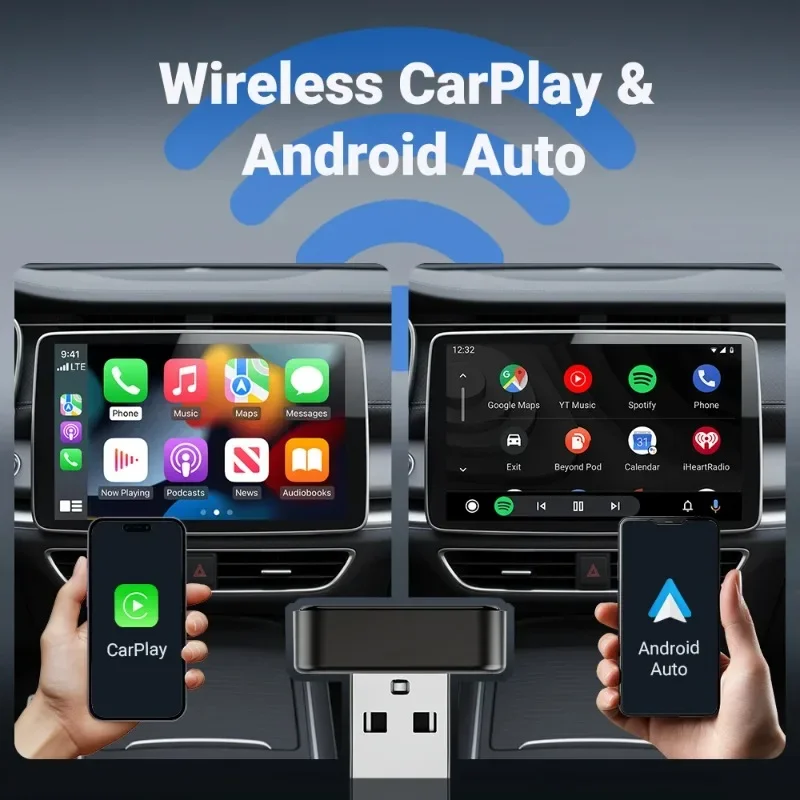 2-in-1 CarPlay Android Auto Wireless Adapter, Wired to Wireless USB-C Smart Box Dongle for Car AVN, 5GHz WiFi Plug and Play