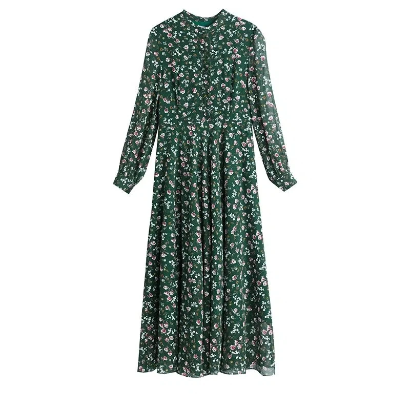 

Autumn And Winter New Green Chiffon Dress To Ankle Fairy Girl Autumn Long Temperament Slim Big Pendulum Slim Floral Dress Womens