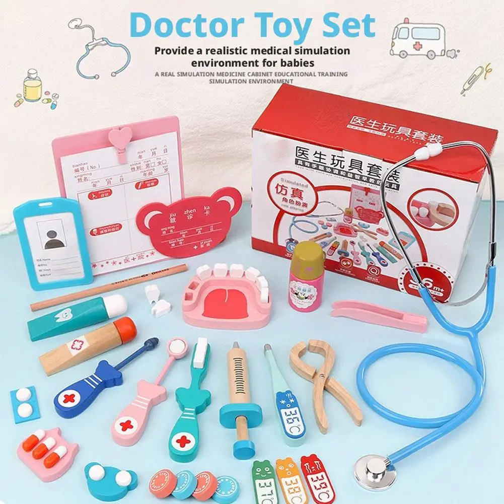 Wooden Pretend Play Doctor Educational Toys for Children Medical Simulation Medicine Chest Set for Kids Role Playing Pretend Toy