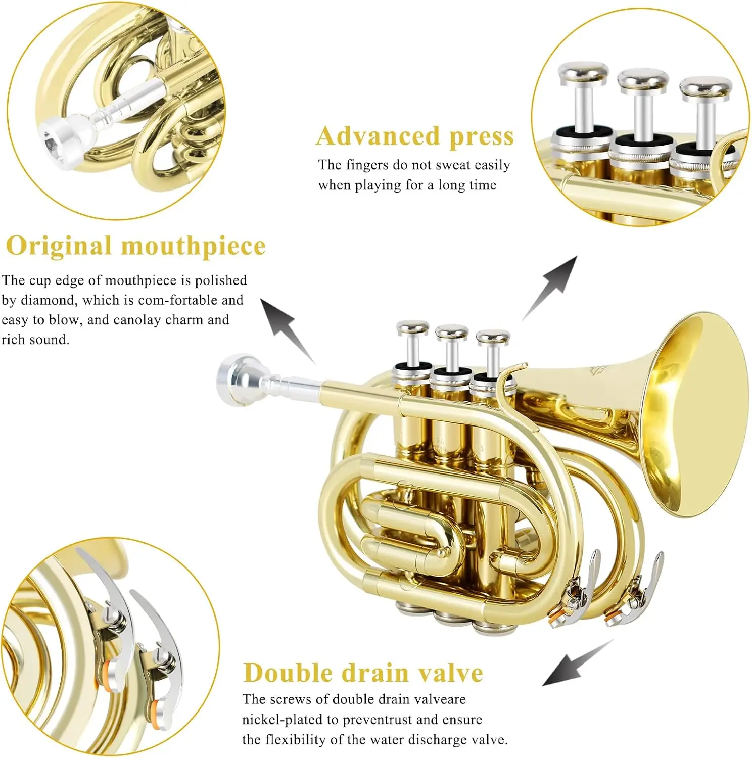 Pocket Trumpet Brass Bb Gold Lacquer Mini Trumpet with 7 C Mouthpiece, Hard Case, Strap, White Gloves, Cleaning Kit for