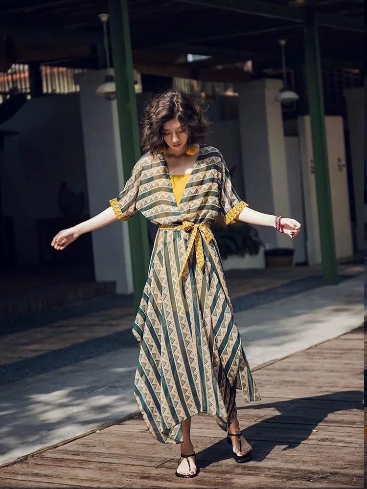 Women Chiffon Striped Beach Holiday Long Dress Tropical Thailand Bali Maldive Bohemian Dress Lady Asymmetric Elegant Sundress