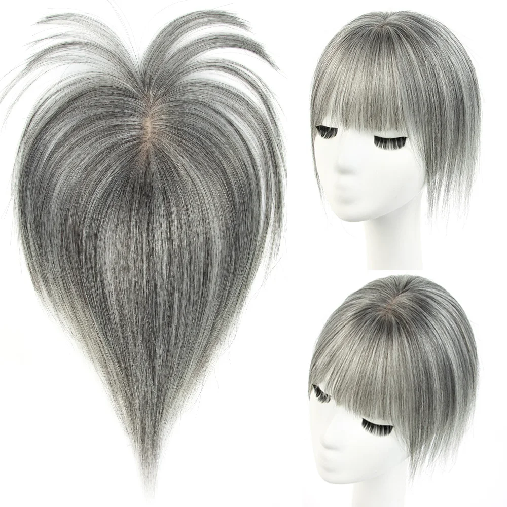 Women Short Gray Human Hair Toppers With Bangs Real Human Hair 5x9cm Seamless Invisible Clip in Human Hair Toppers for Thinning Hair to Add Volume Natural White Gray Straight Hair Topper Human Hairpieces to Add Volume