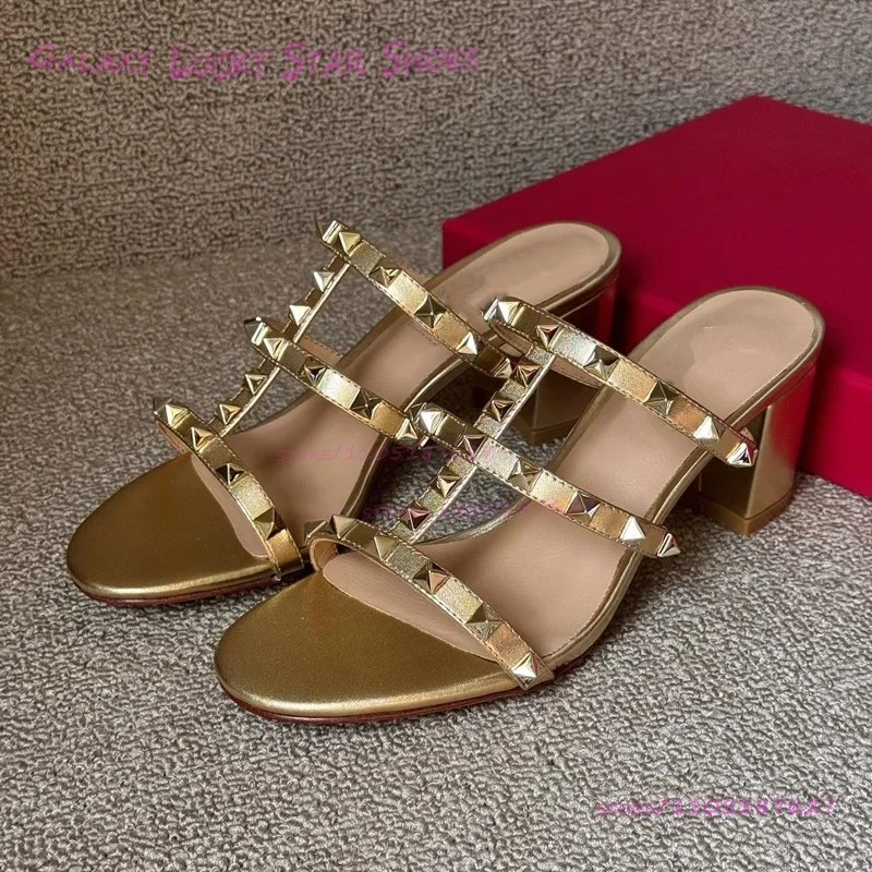 

Bright Orange Leather Rivet Strap Low Flip Flops Women Beach Open Heels Casual Girls Gold Hollow Black Sporty Slingback Shoes